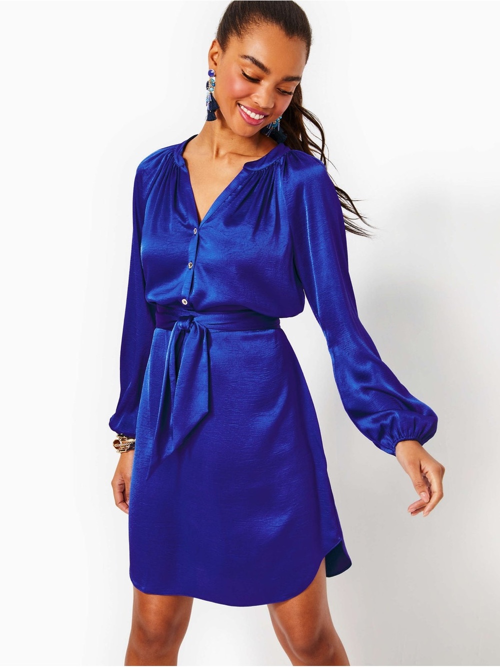 Lilly Pulitzer Cobalt Blue Satin Tie-Waist Long Sleeve Dress